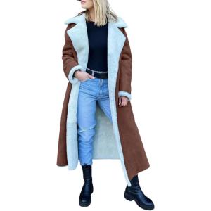 imagechouyatou Womens Winter Faux Suede Leather Long Trench Coat Notch Lapel Sherpa Lined Fleece OvercoatDark Brown