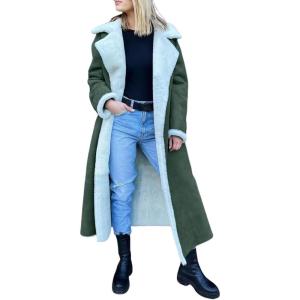 imagechouyatou Womens Winter Faux Suede Leather Long Trench Coat Notch Lapel Sherpa Lined Fleece OvercoatDark Green