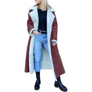 imagechouyatou Womens Winter Faux Suede Leather Long Trench Coat Notch Lapel Sherpa Lined Fleece OvercoatDark Red
