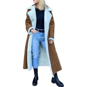 imagechouyatou Womens Winter Faux Suede Leather Long Trench Coat Notch Lapel Sherpa Lined Fleece OvercoatLight Brown
