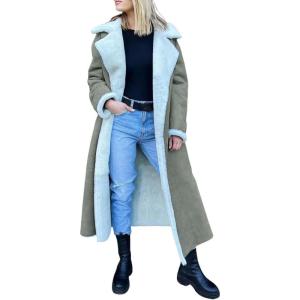 imagechouyatou Womens Winter Faux Suede Leather Long Trench Coat Notch Lapel Sherpa Lined Fleece OvercoatLight Green