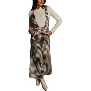 imagechouyatou Womens Winter Houndstooth Tweed Overall Pants Wide Leg Sleeveless Bib Jumpsuits with PocketsBlack