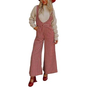 imagechouyatou Womens Winter Houndstooth Tweed Overall Pants Wide Leg Sleeveless Bib Jumpsuits with PocketsRed
