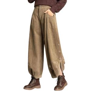 imagechouyatou Womens Winter Loose Baggy Sherpa Lined Corduroy Pants Elastic High Waisted Wide Leg TrouserBrown