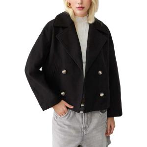 imagechouyatou Womens Winter Notch Lapel Cropped Wool Coat Double Breasted Casual Short Trench CoatBlack