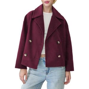 imagechouyatou Womens Winter Notch Lapel Cropped Wool Coat Double Breasted Casual Short Trench CoatBurgundy