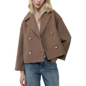 imagechouyatou Womens Winter Notch Lapel Cropped Wool Coat Double Breasted Casual Short Trench CoatCamel