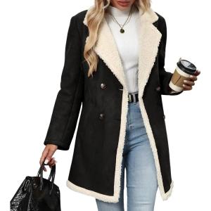 imagechouyatou Womens Winter Notch Lapel Double Breasted Peacoat Sherpa Fleece Lined Faux Suede Jacket CoatBlack