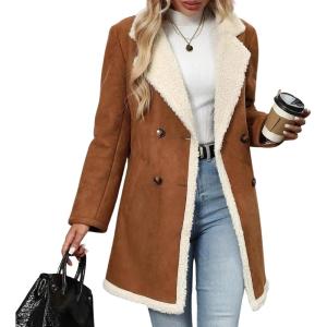 imagechouyatou Womens Winter Notch Lapel Double Breasted Peacoat Sherpa Fleece Lined Faux Suede Jacket CoatBrown