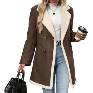 imagechouyatou Womens Winter Notch Lapel Double Breasted Peacoat Sherpa Fleece Lined Faux Suede Jacket CoatCoffee