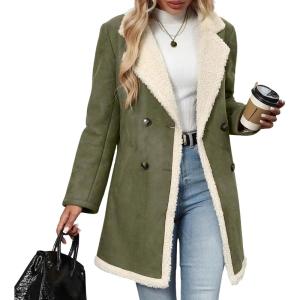 imagechouyatou Womens Winter Notch Lapel Double Breasted Peacoat Sherpa Fleece Lined Faux Suede Jacket CoatGreen