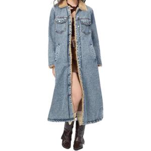 imagechouyatou Womens Winter Sherpa Lined Midi Long Denim Jacket Casual Distressed Button Down Jean Trench CoatBlue