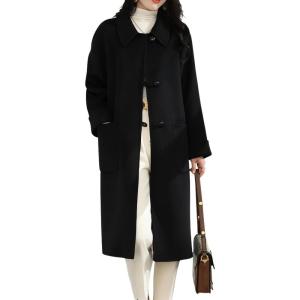 imagechouyatou Womens Winter Single Breasted Wool Trench Coat Business Casual Lapel Collar Midi Long OvercoatBlack