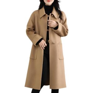 imagechouyatou Womens Winter Single Breasted Wool Trench Coat Business Casual Lapel Collar Midi Long OvercoatCamel