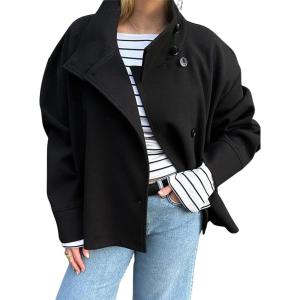 imagechouyatou Womens Winter Stand Collar Crop Wool Coat Single Breasted Short Blazer Jacket Coat OuterwearBlack