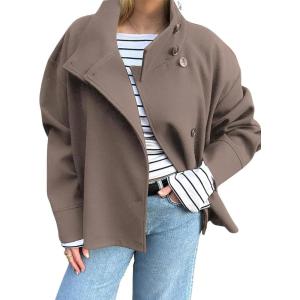 imagechouyatou Womens Winter Stand Collar Crop Wool Coat Single Breasted Short Blazer Jacket Coat OuterwearCoffee