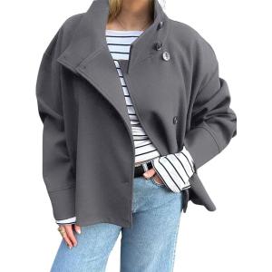 imagechouyatou Womens Winter Stand Collar Crop Wool Coat Single Breasted Short Blazer Jacket Coat OuterwearGrey