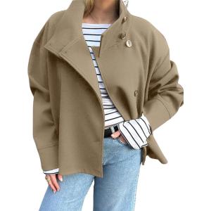 imagechouyatou Womens Winter Stand Collar Crop Wool Coat Single Breasted Short Blazer Jacket Coat OuterwearKhaki