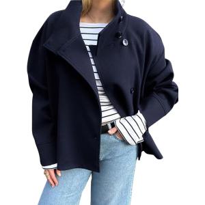 imagechouyatou Womens Winter Stand Collar Crop Wool Coat Single Breasted Short Blazer Jacket Coat OuterwearNavy Blue