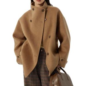 imagechouyatou Womens Winter Stand Collar Wool Trench Coat Single Breasted Blazer Jacket Coat Loose OuterwearBrown