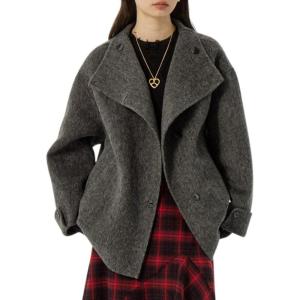 imagechouyatou Womens Winter Stand Collar Wool Trench Coat Single Breasted Blazer Jacket Coat Loose OuterwearGrey