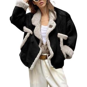 imagechouyatou Womens Winter Thicken Faux Suede Leather Jacket Coat Notch Lapel Sherpa Lined Fleece OuterwearBlack