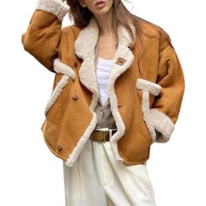 imagechouyatou Womens Winter Thicken Faux Suede Leather Jacket Coat Notch Lapel Sherpa Lined Fleece OuterwearBrown