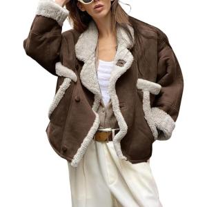 imagechouyatou Womens Winter Thicken Faux Suede Leather Jacket Coat Notch Lapel Sherpa Lined Fleece OuterwearCoffee