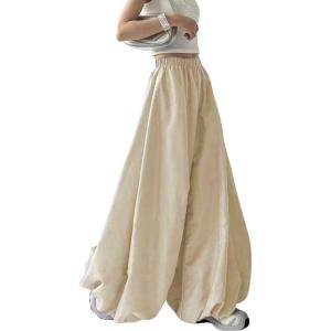 imagechouyatou Womens Y2k Baggy Parachute Pants Wide Leg Bubble Hem Pants Puffy Balloon CulottesKhaki