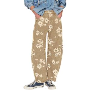 imagechouyatou Womens Y2k Baggy Wide Leg Denim Pants Boho Floral Printed Boyfriend Barrel Jeans with PocketsKhaki