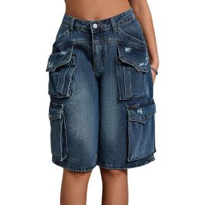imagechouyatou Womens Y2k Denim Wide Leg Cargo Shorts High Waisted Baggy Jean Bermuda Shorts with PocketsBlue