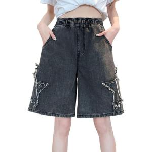 imagechouyatou Womens Y2k Star Patchwork Denim Shorts High Elastic Waist Wide Leg Bermuda Jean Shorts with PocketsBlack