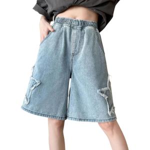 imagechouyatou Womens Y2k Star Patchwork Denim Shorts High Elastic Waist Wide Leg Bermuda Jean Shorts with PocketsBlue