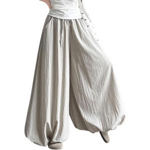 imagechouyatou Womens Y2k Wide Leg Bubble Pants Puffy Balloon Culottes Drawstring Baggy Palazzo Pants with PocketsGray