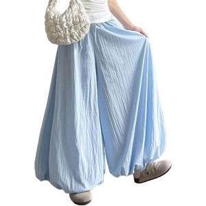 imagechouyatou Womens Y2k Wide Leg Bubble Pants Puffy Balloon Culottes Drawstring Baggy Palazzo Pants with PocketsLight Blue