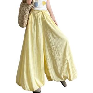 imagechouyatou Womens Y2k Wide Leg Bubble Pants Puffy Balloon Culottes Drawstring Baggy Palazzo Pants with PocketsYellow