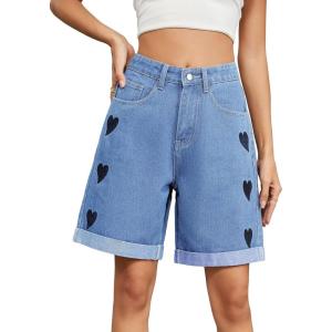 imagechouyatou Womens Y2k Wide Leg Denim Shorts Heart Pattern High Waisted Jean Shorts with PocketsBlue