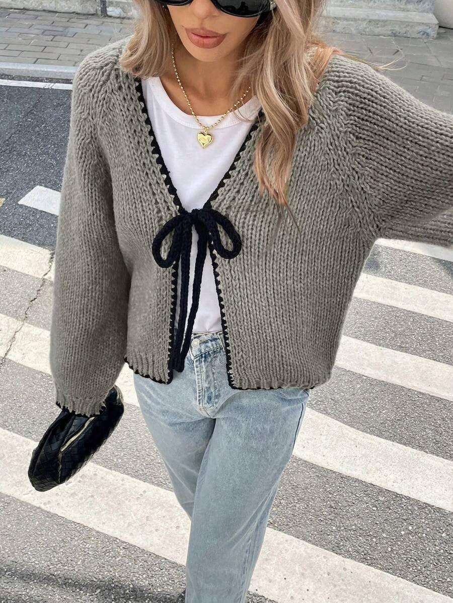 imagechouyatou Womens Bow Tie Front Cardigan Sweaters Fall Winter Long Sleeve Open Front Chunky Sweater CoatsGreen Grey