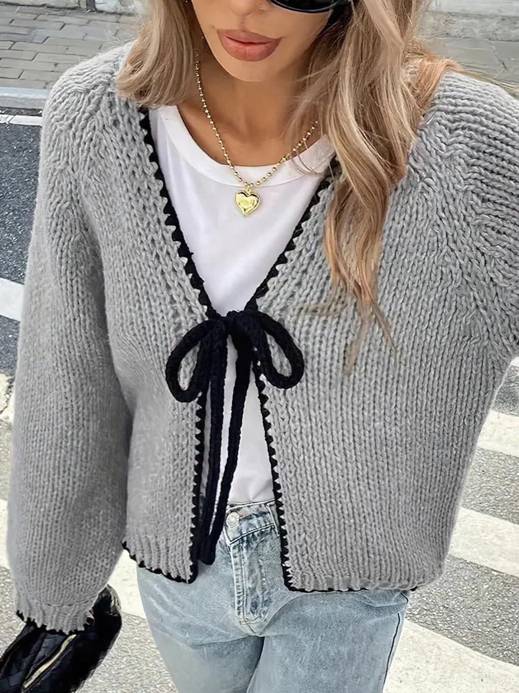 imagechouyatou Womens Bow Tie Front Cardigan Sweaters Fall Winter Long Sleeve Open Front Chunky Sweater CoatsGrey