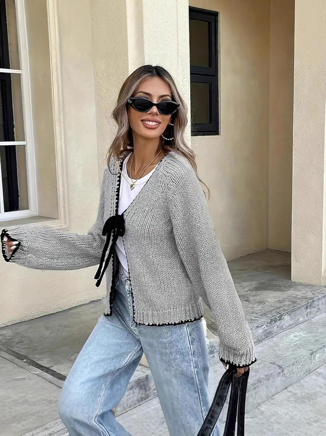 imagechouyatou Womens Bow Tie Front Cardigan Sweaters Fall Winter Long Sleeve Open Front Chunky Sweater CoatsGrey