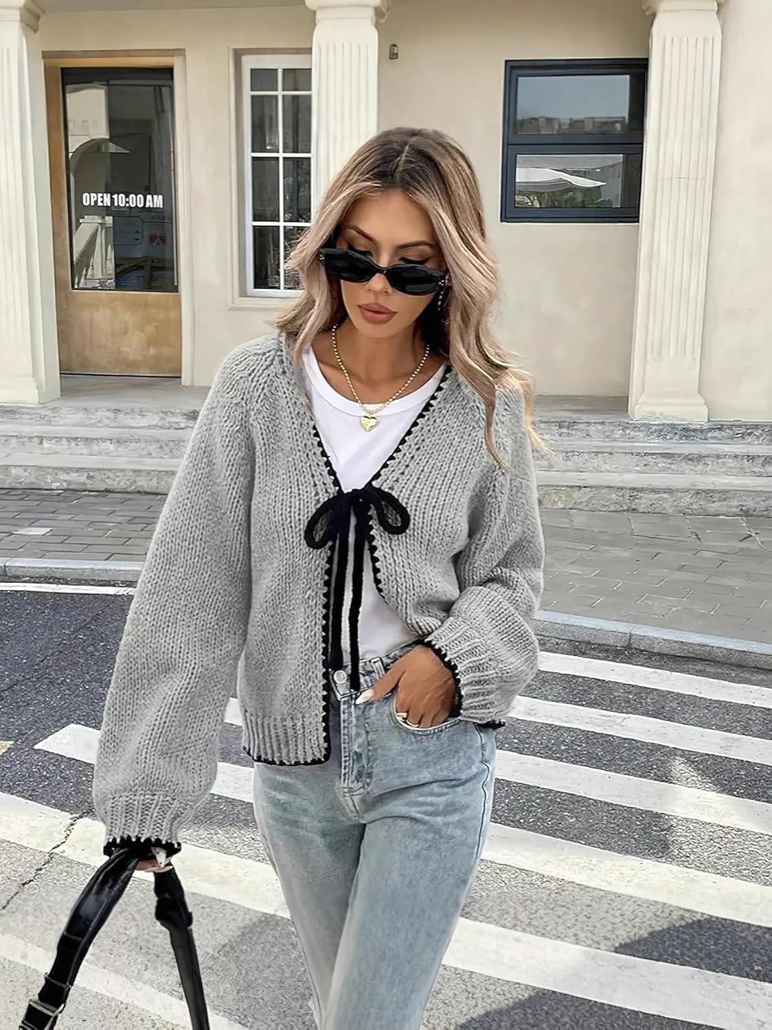 imagechouyatou Womens Bow Tie Front Cardigan Sweaters Fall Winter Long Sleeve Open Front Chunky Sweater CoatsGrey