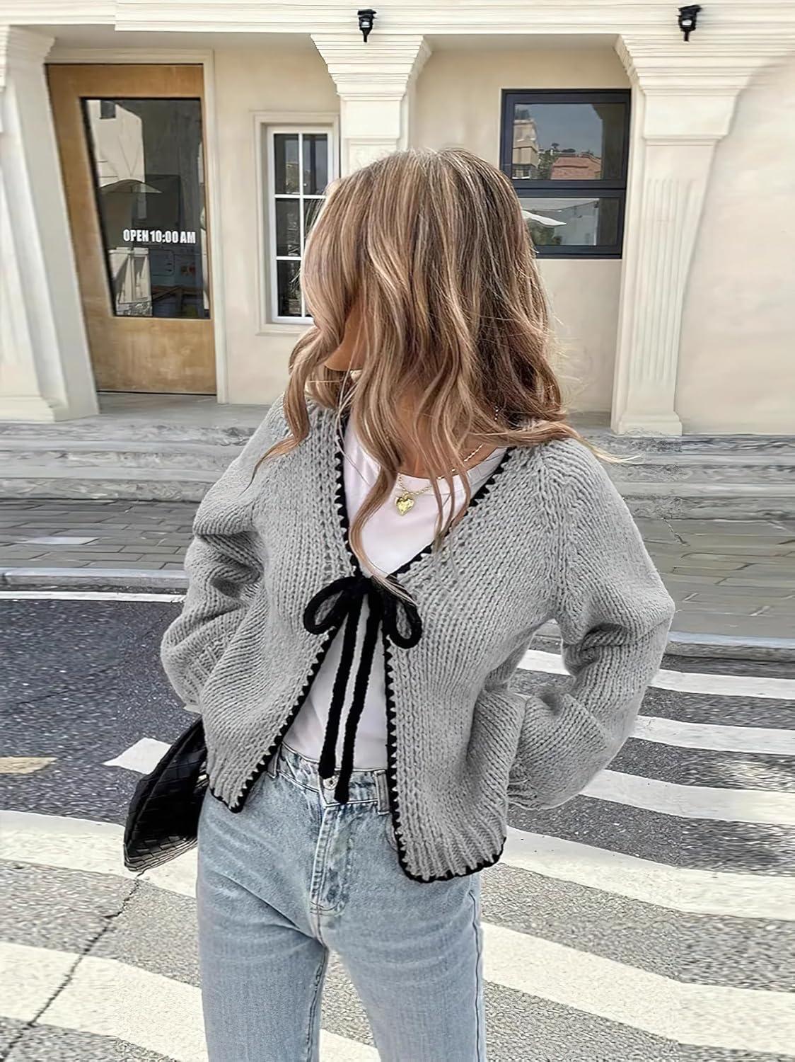 imagechouyatou Womens Bow Tie Front Cardigan Sweaters Fall Winter Long Sleeve Open Front Chunky Sweater CoatsGrey