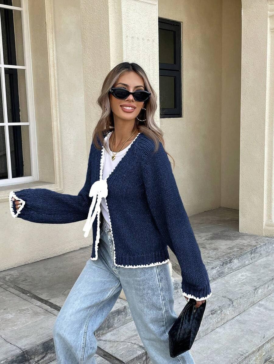 imagechouyatou Womens Bow Tie Front Cardigan Sweaters Fall Winter Long Sleeve Open Front Chunky Sweater CoatsNavy Blue