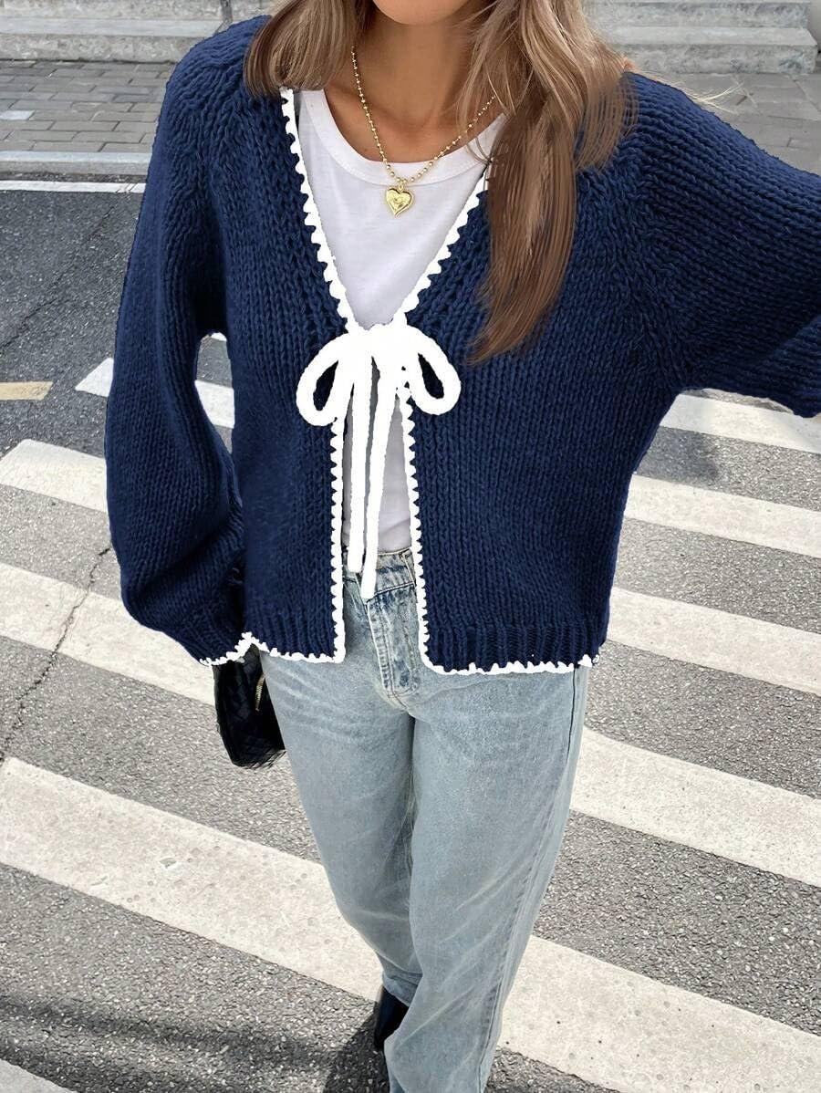 imagechouyatou Womens Bow Tie Front Cardigan Sweaters Fall Winter Long Sleeve Open Front Chunky Sweater CoatsNavy Blue