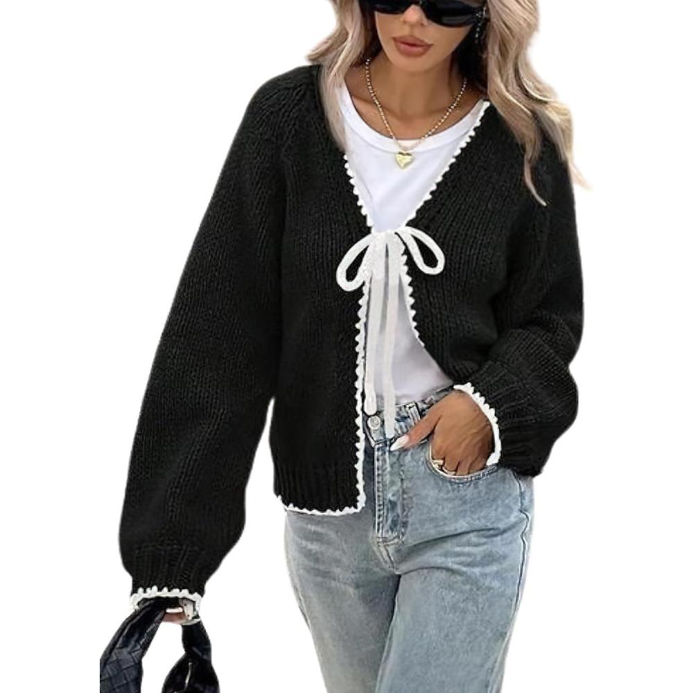imagechouyatou Womens Bow Tie Front Cardigan Sweaters Fall Winter Long Sleeve Open Front Chunky Sweater CoatsBlack