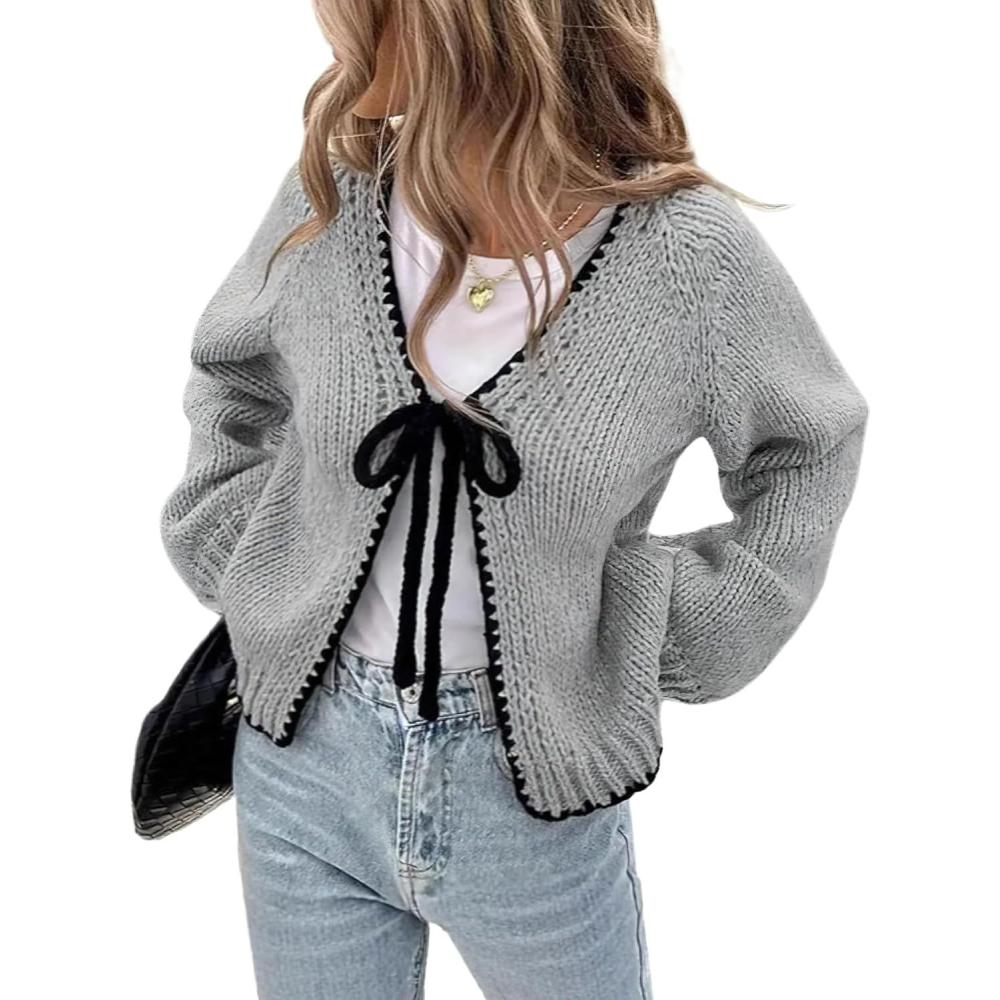 imagechouyatou Womens Bow Tie Front Cardigan Sweaters Fall Winter Long Sleeve Open Front Chunky Sweater CoatsGrey