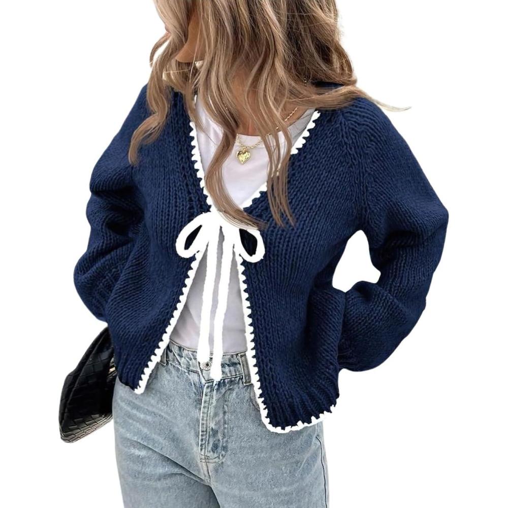 imagechouyatou Womens Bow Tie Front Cardigan Sweaters Fall Winter Long Sleeve Open Front Chunky Sweater CoatsNavy Blue