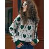 imagechouyatou Women 2025 Cute Heart Jacquard Knit Pullover Sweater Casual Crewneck Color Block Sweater JumperGreen