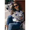 imagechouyatou Women 2025 Cute Heart Jacquard Knit Pullover Sweater Casual Crewneck Color Block Sweater JumperNavy Blue