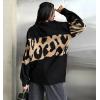 imagechouyatou Women 2025 Fall Leopard Print Pullover Sweater Crewneck Oversized Color Block Sweater Jumper TopBlack